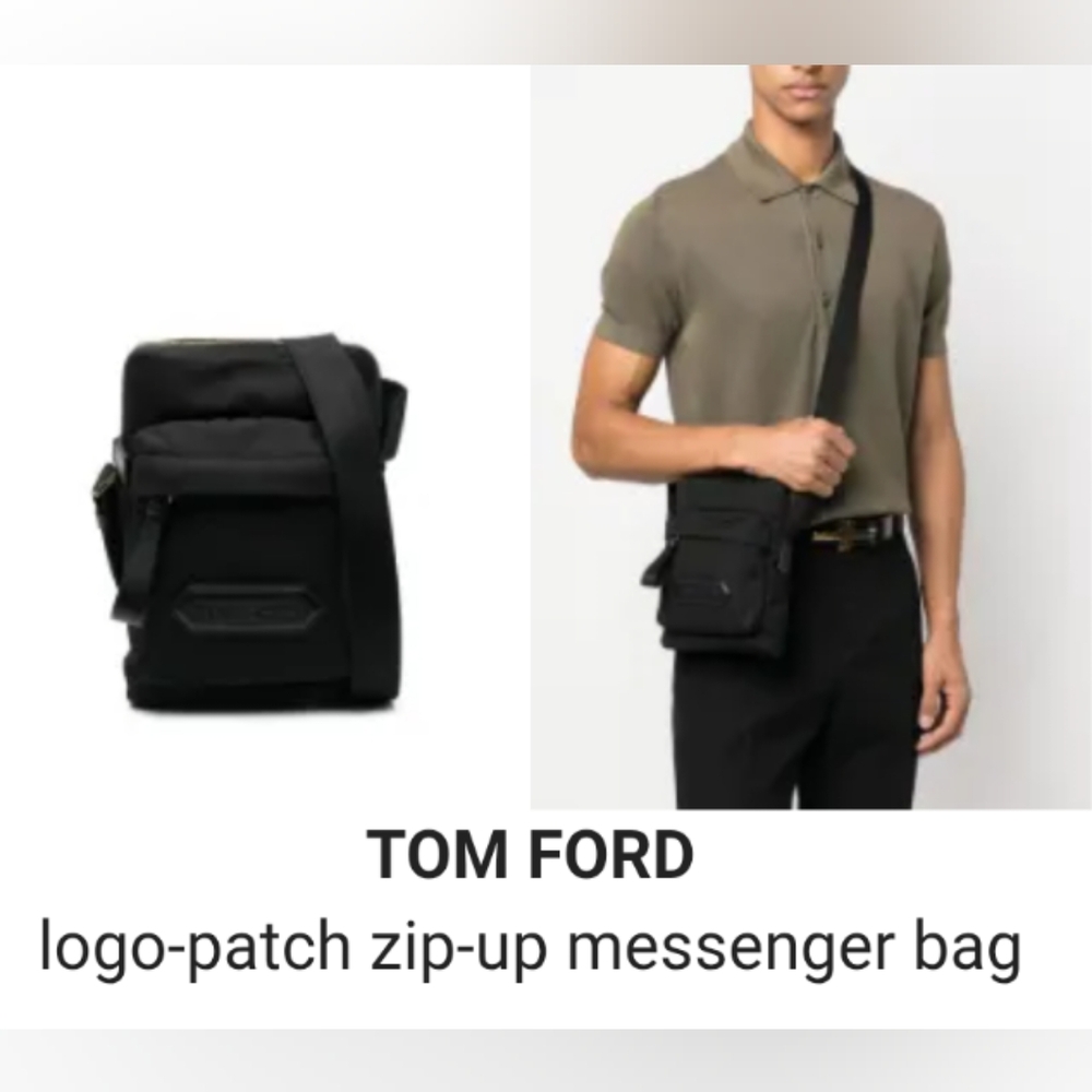 Tom Ford Black Zip-Up Messenger Bag.Black Leather Trim top zip fastening main